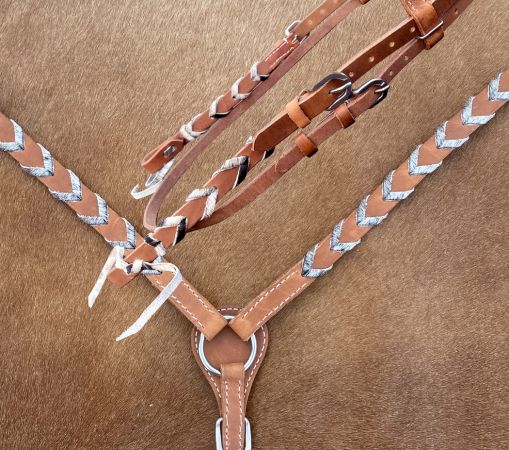 Showman Argentina Leather browband headstall and breast collar set with hair on cowhide lacing #3